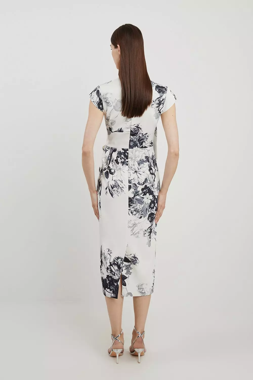 Tailored Crepe Mono Floral Bow Detail Midi Dress Karen Millen