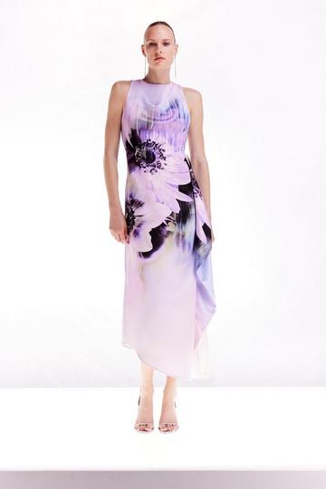 Ooto Floral Heavy Satin Asymmetric Hem Woven Maxi Dress floral