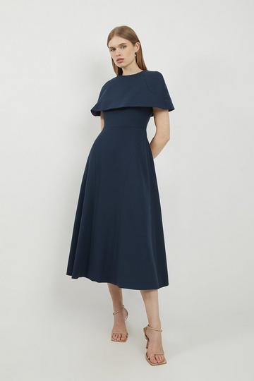 Navy Tall Structured Crepe Cape Sleeve Full Skirt Tailored Midaxi Dress