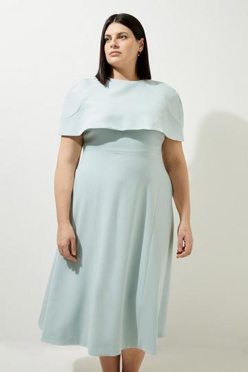 Lydia Millen Plus Size Structured Crepe Cape Sleeve Full Skirt Tailored Midaxi Dress sage