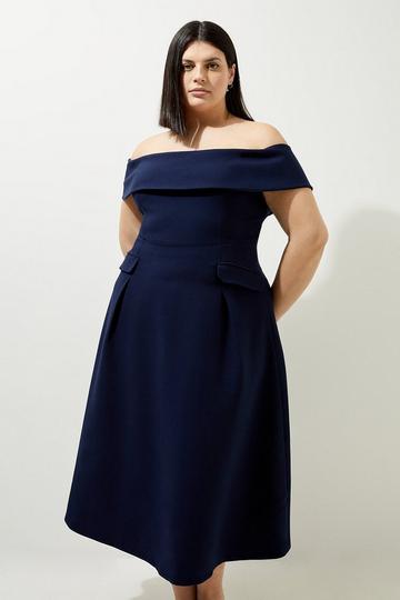 Navy Plus Size Compact Stretch Bardot Full Skirt Tailored Midaxi Dress