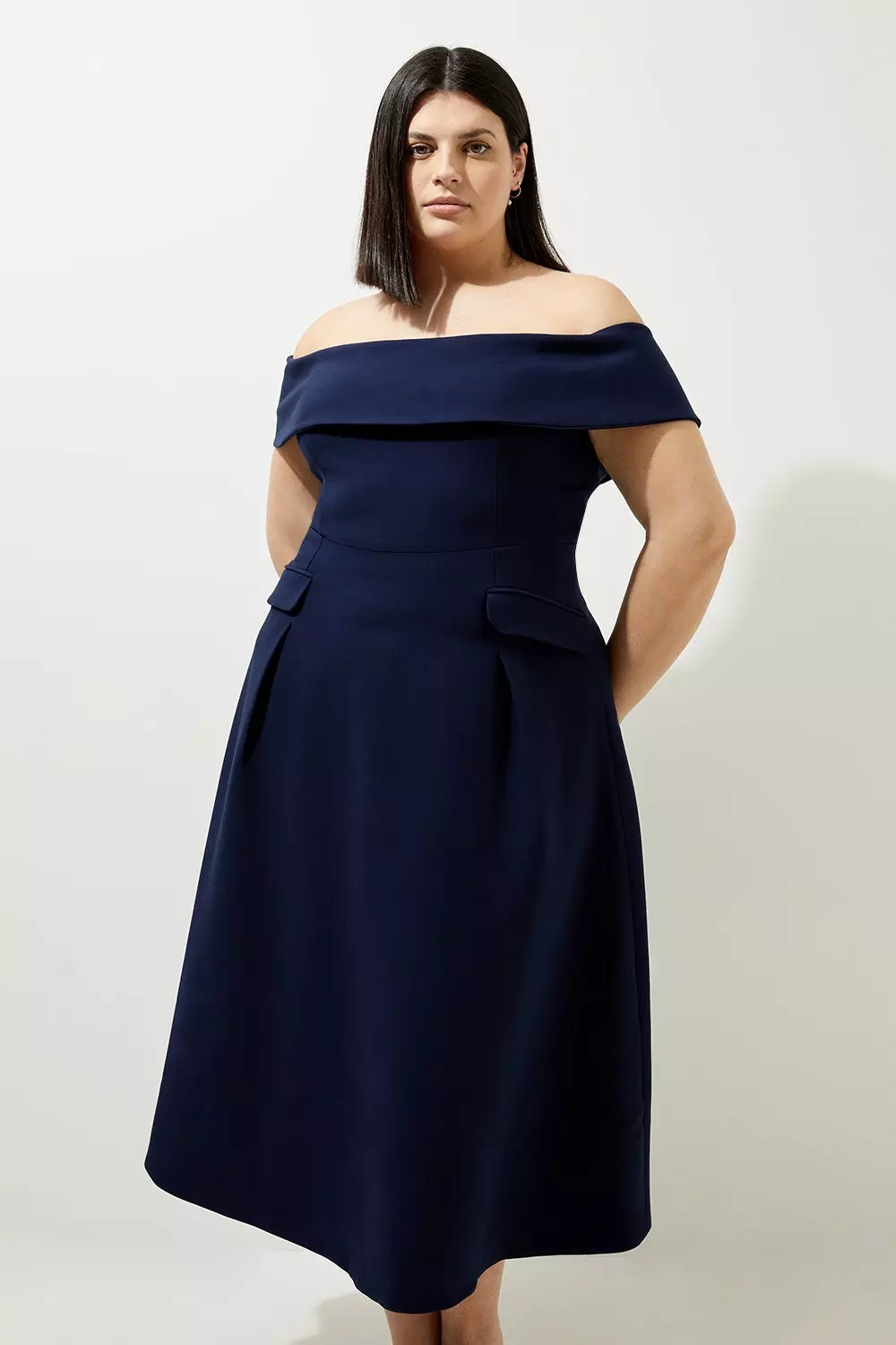 Lydia Millen Plus Size Compact Stretch Off The Shoulder Full Skirt Tailored Midi Dress Karen Millen