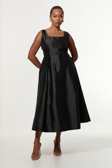 Black Plus Size Taffeta Full Skirt Tailored Midi Dress