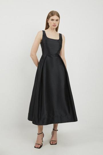 Black Petite Taffeta Full Skirt Tailored Midi Dress