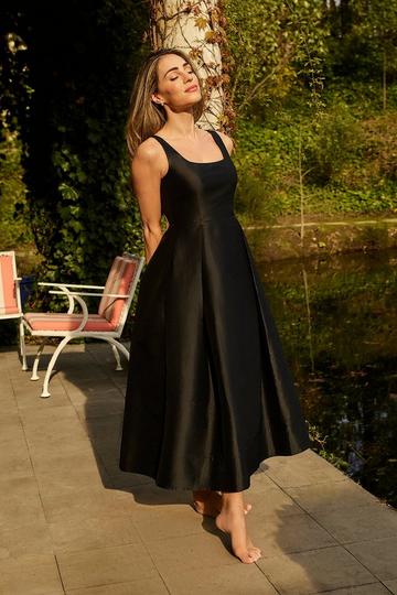 Black Taffeta Full Skirt Tailored Midi Dress