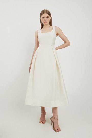 Cream White Taffeta Full Skirt Tailored Midi Dress