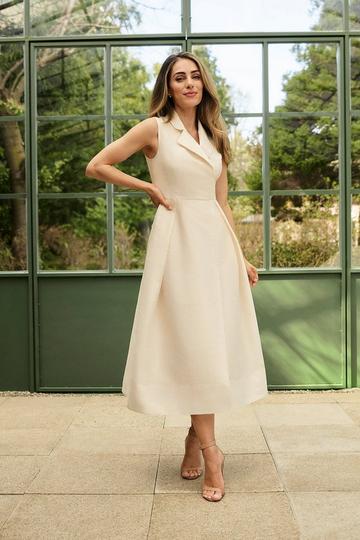 Cream White Lydia Millen Petite Taffeta Full Skirt Tailored Wrap Shirt Midaxi Dress