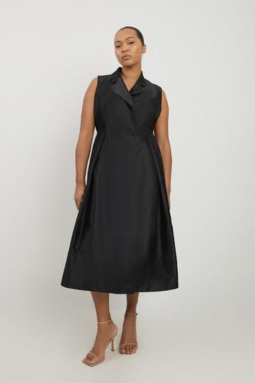 Plus Size Taffeta Full Skirt Tailored Wrap Shirt Midaxi Dress black