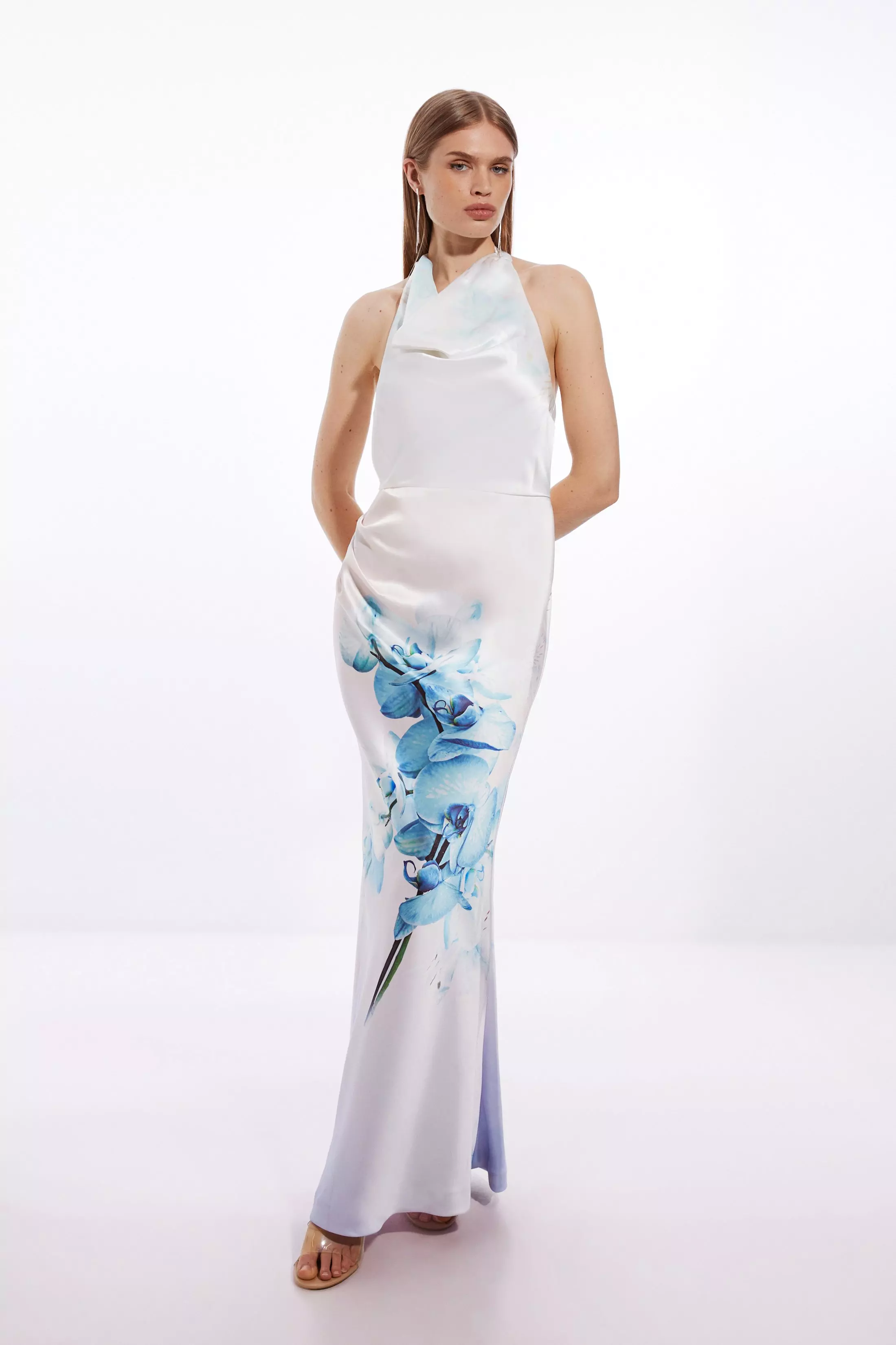 Ooto Heavy Satin Draped Floral Woven Halter Maxi Dress Karen Millen