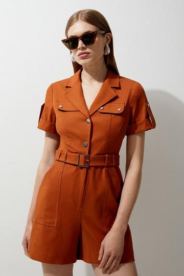 Tailored Cotton Stretch Belted Playsuit rust