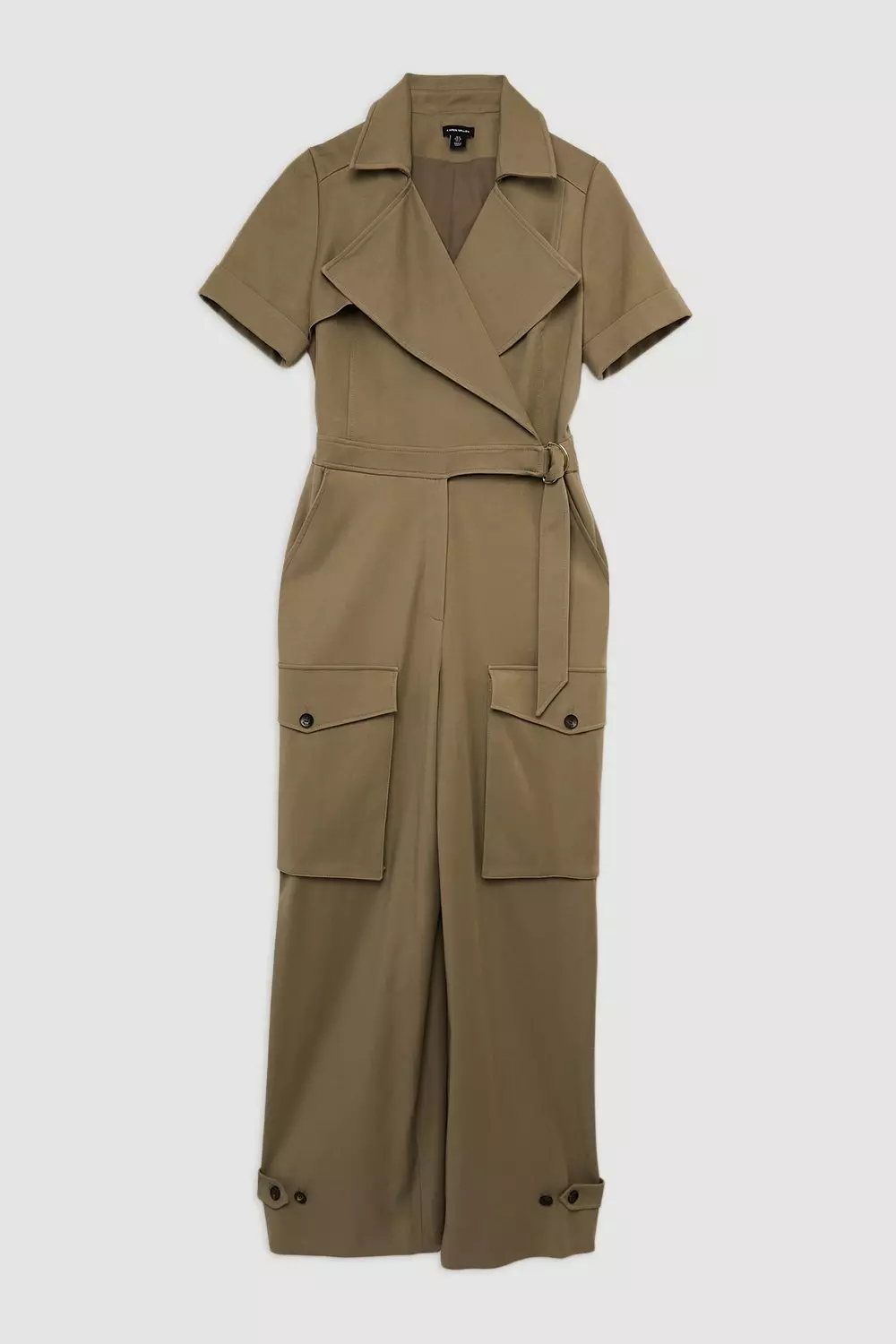 Tailored Cotton Stretch Belted Wide Leg Shirt Jumpsuit