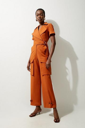 Tailored Cotton Stretch Belted Wide Leg Shirt Jumpsuit rust