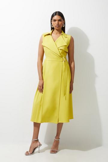 Viscose Cotton Stretch Pleated Side Detail Belted Midi Shirt Dress ochre
