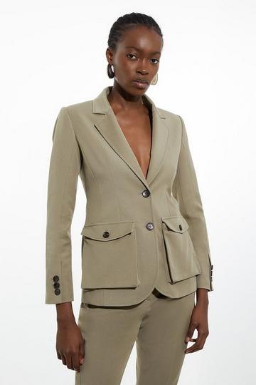 Viscose Cotton Stretch Pocket Detail Belted Tailored Blazer khaki