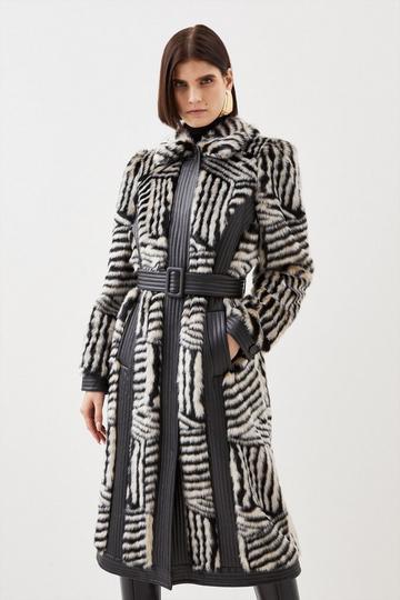 Petite Faux Fur Pu Panelled Stripe Belted Coat multi