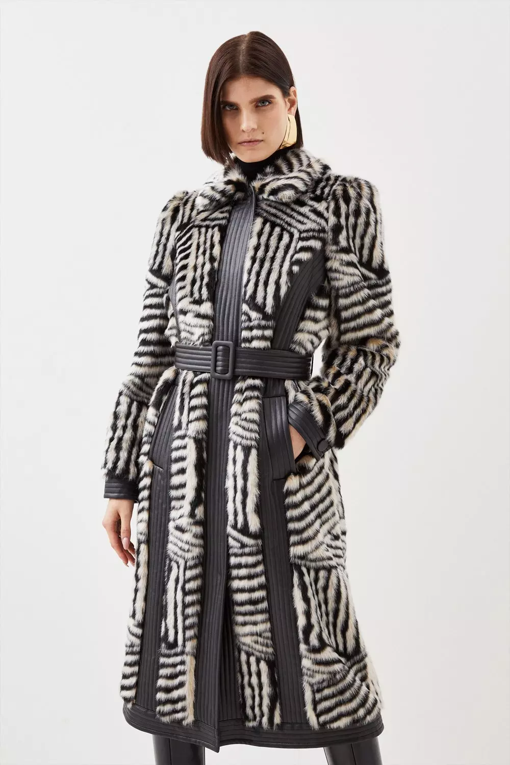 Tall Faux Fur Pu Panelled Stripe Belted Coat Karen Millen