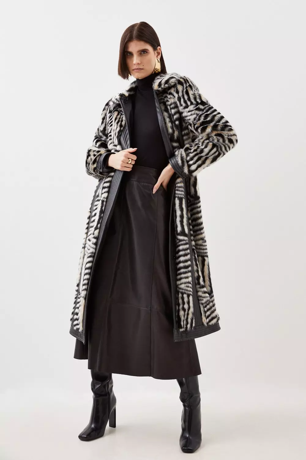 Tall Faux Fur Pu Panelled Stripe Belted Coat | Karen Millen