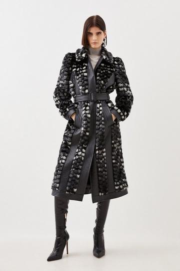 Petite Faux Fur Pu Panelled Abstract Belted Coat black