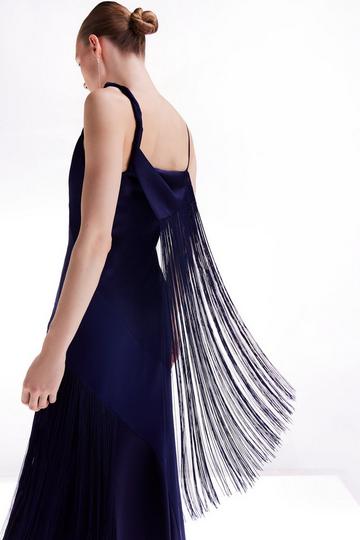 Ooto Viscose Crepe And Satin Panelled Fringed Woven Strappy Maxi Dress navy