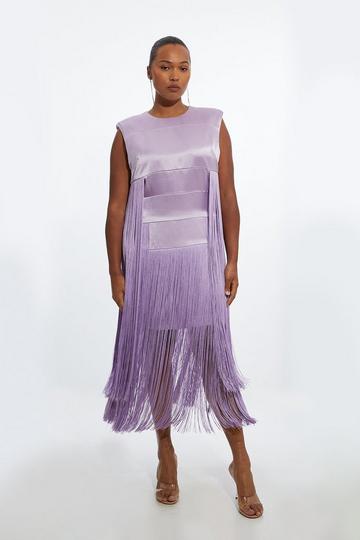 Lilac Purple Plus Size Ooto Heavy Satin Fringed Woven Sleeveless Mini Dress