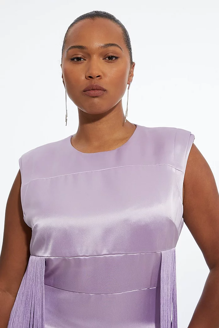 Plus Size Ooto Heavy Satin Fringed Woven Sleeveless Mini Plus Size Ooto Heavy Satin Fringed Woven Sleeveless Mini