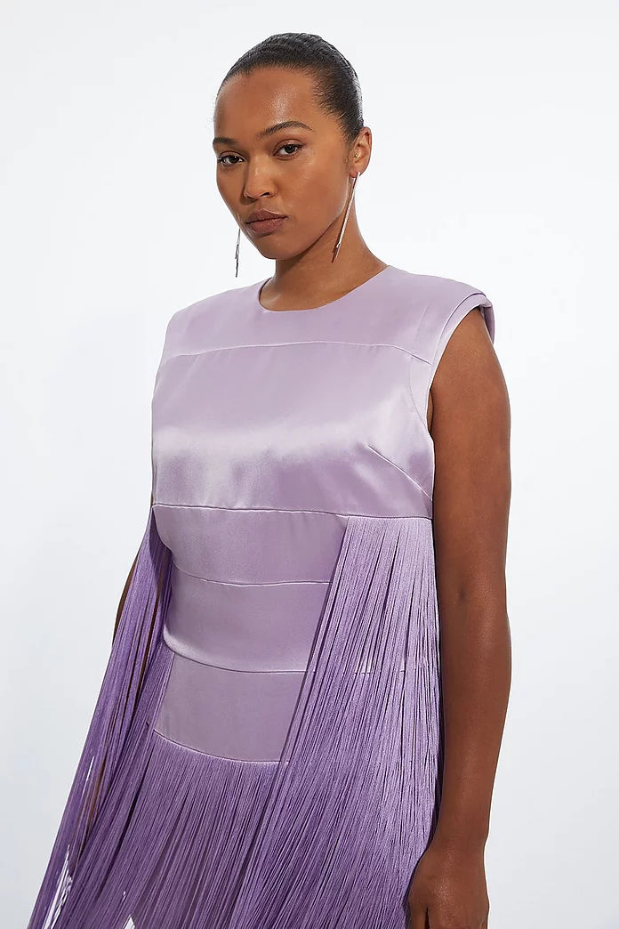 Plus Size Ooto Heavy Satin Fringed Woven Sleeveless Mini Plus Size Ooto Heavy Satin Fringed Woven Sleeveless Mini