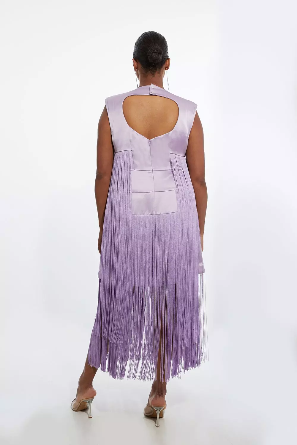 Plus Size Ooto Heavy Satin Fringed Woven Sleeveless Mini