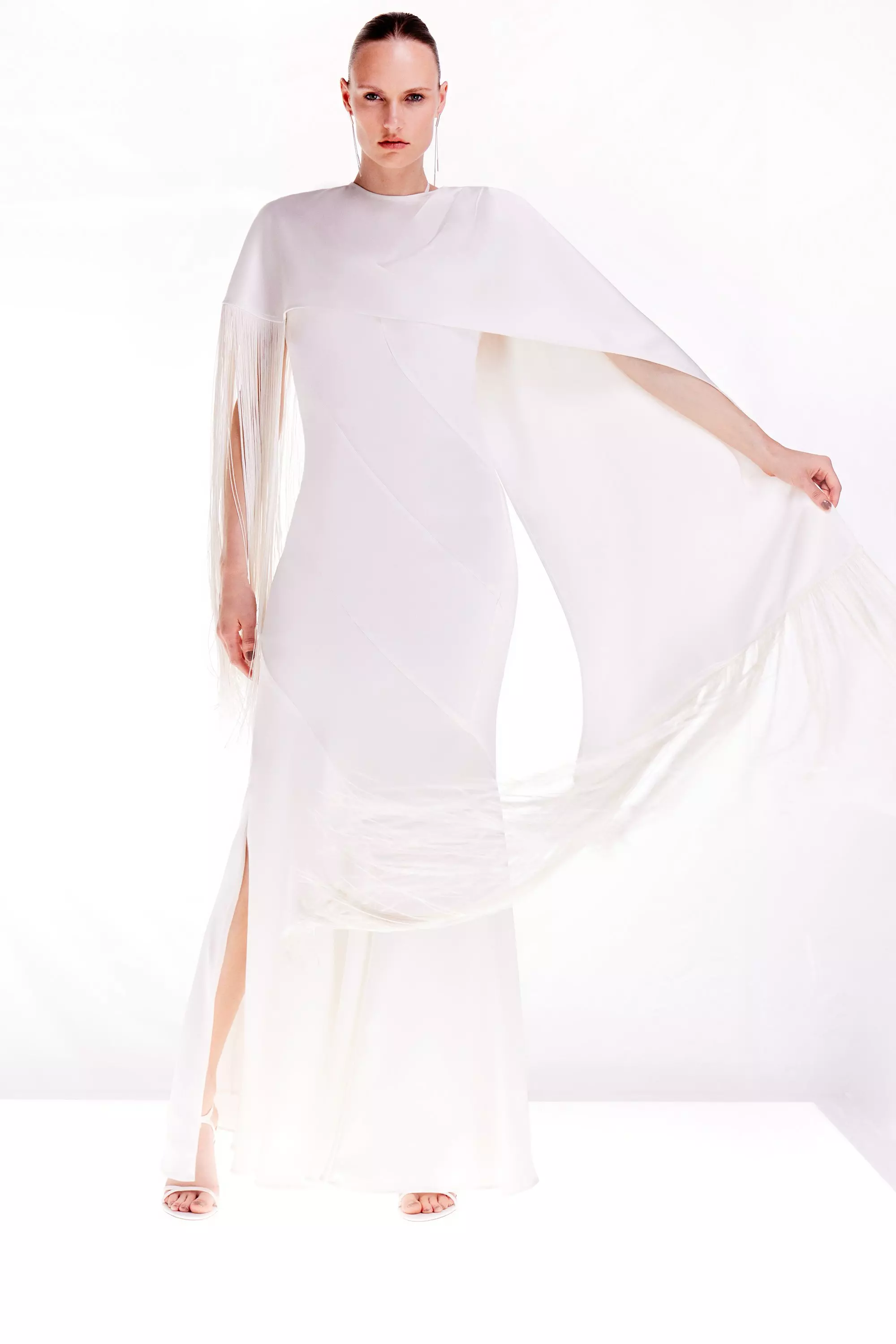 White crepe dress with cape sleeves discount