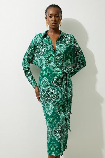 Green Petite Paisley Printed Morocain Woven Midi Shirt Dress