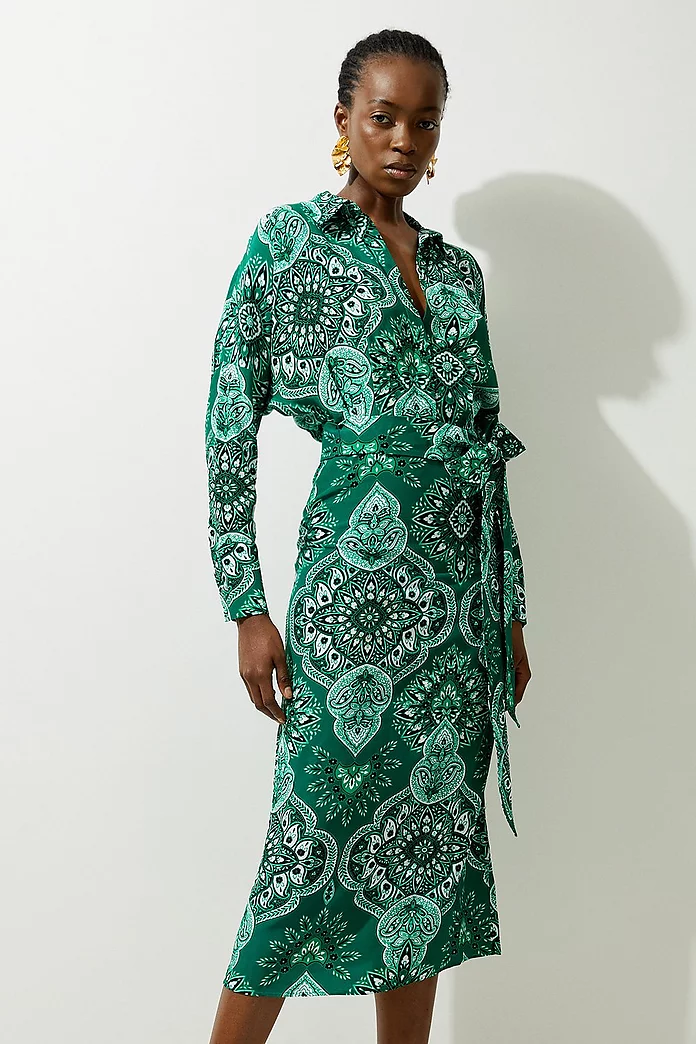 Petite Paisley Printed Morocain Woven Midi Shirt Dress Petite Paisley Printed Morocain Woven Midi Shirt Dress