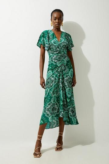 Green Petite Paisley Printed Morocain Woven Maxi Dress