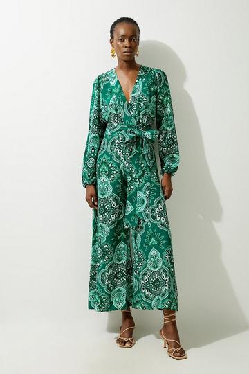 Green Petite Paisley Printed Morocain Woven Jumpsuit