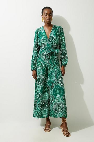Paisley Printed Morocain Woven Jumpsuit green