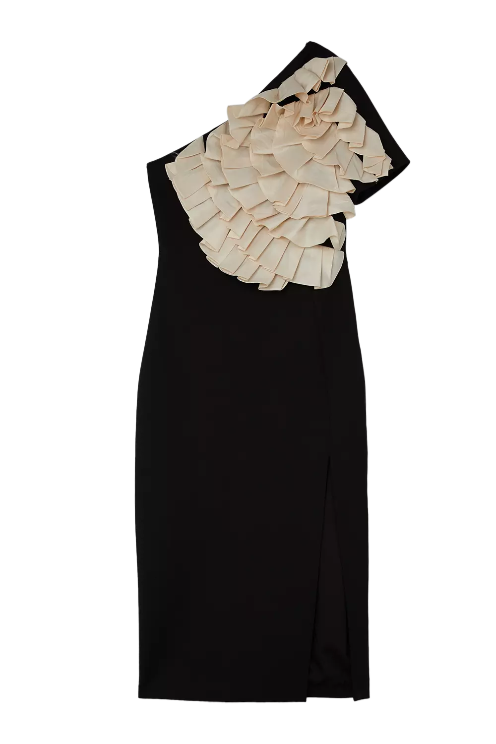 Compact Stretch Taffeta Ruffle One Shoulder Midi Dress