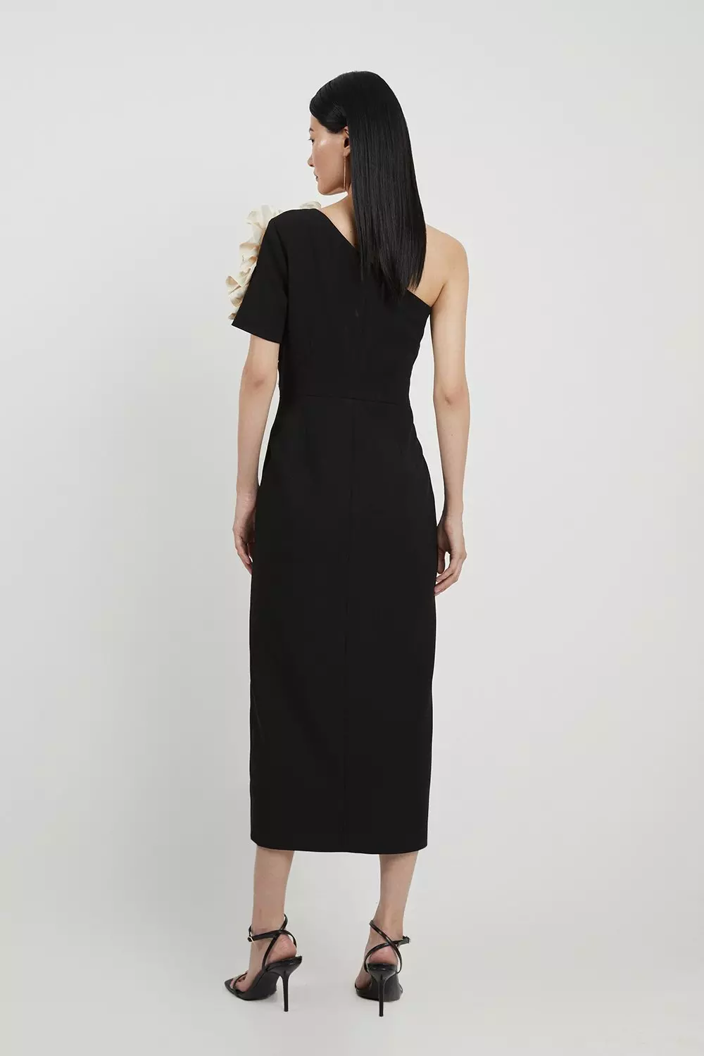 Compact Stretch Taffeta Ruffle One Shoulder Midi Dress Karen Millen