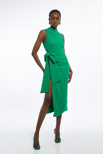 Green Fluid Tailored Waist Tie Midi Pencil Dress