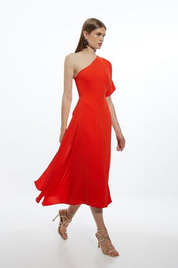 Red Fluid Tailored One Shoulder Asymmetric Drape Midi Dress