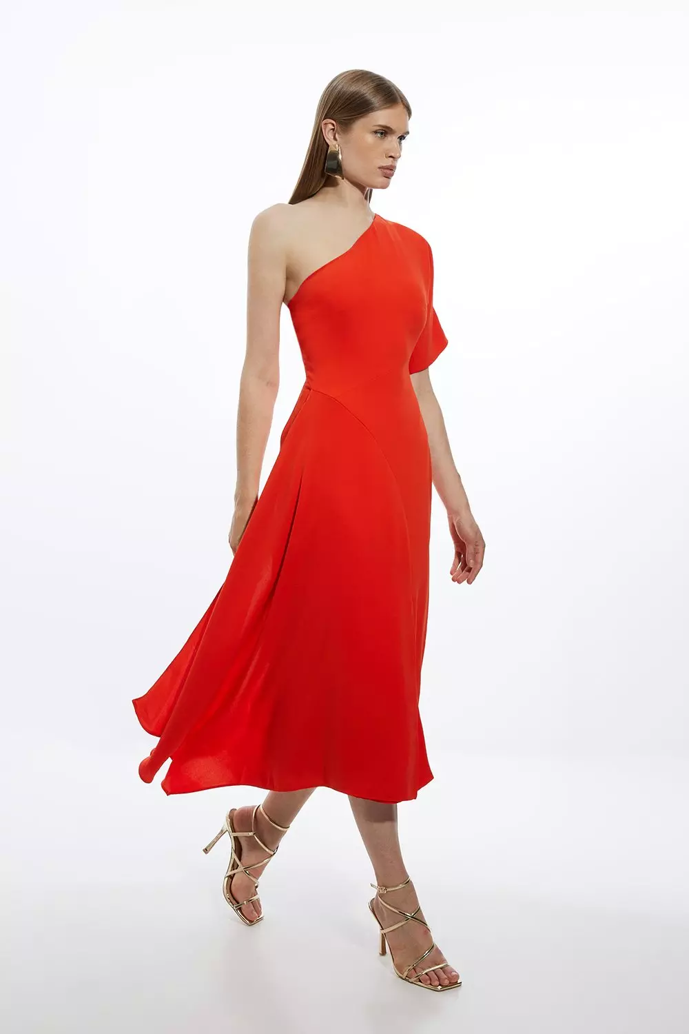 Karen Millen Womens Fluid Tailored One Shoulder Asymmetric Drape Midi Dress Red Size 8