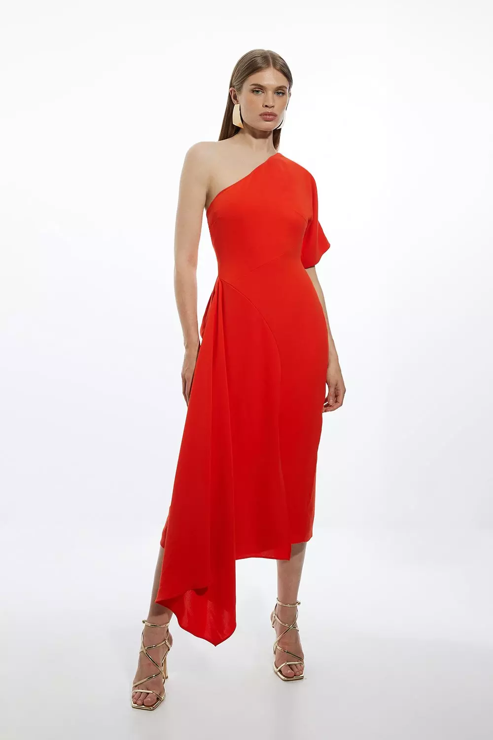 Fluid Tailored One Shoulder Asymmetric Drape Midi Dress Karen Millen