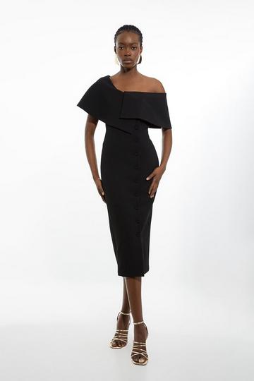 Black Compact Stretch Off Shoulder Button Through Tailored Midaxi Pencil Dress