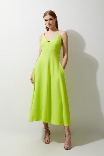 Compact Stretch Viscose Tailored Full Skirted Midi Dress lime