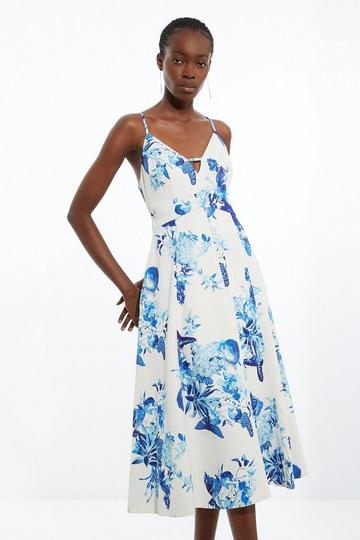 Multi Tailored Crepe Butterfly Floral Full Skirted Midi Dress