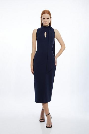 Navy Compact Stretch Neck Tie Tailored Midi Pencil Dress
