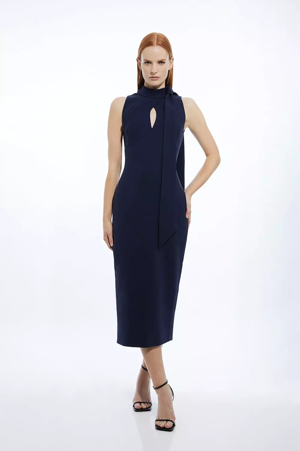 Karen Millen Womens Compact Stretch Neck Tie Tailored Midi Pencil Dress Navy Size 4