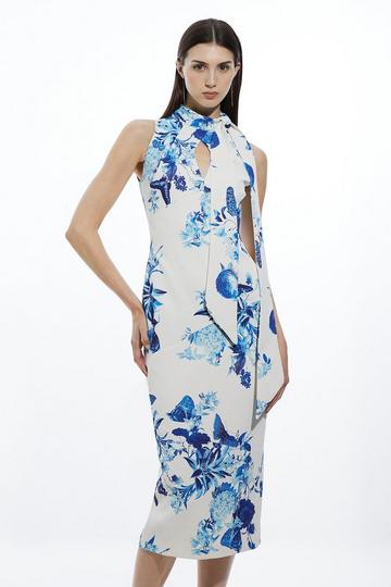Tailored Crepe Butterfly Floral Neck Tie Midi Pencil Dress floral