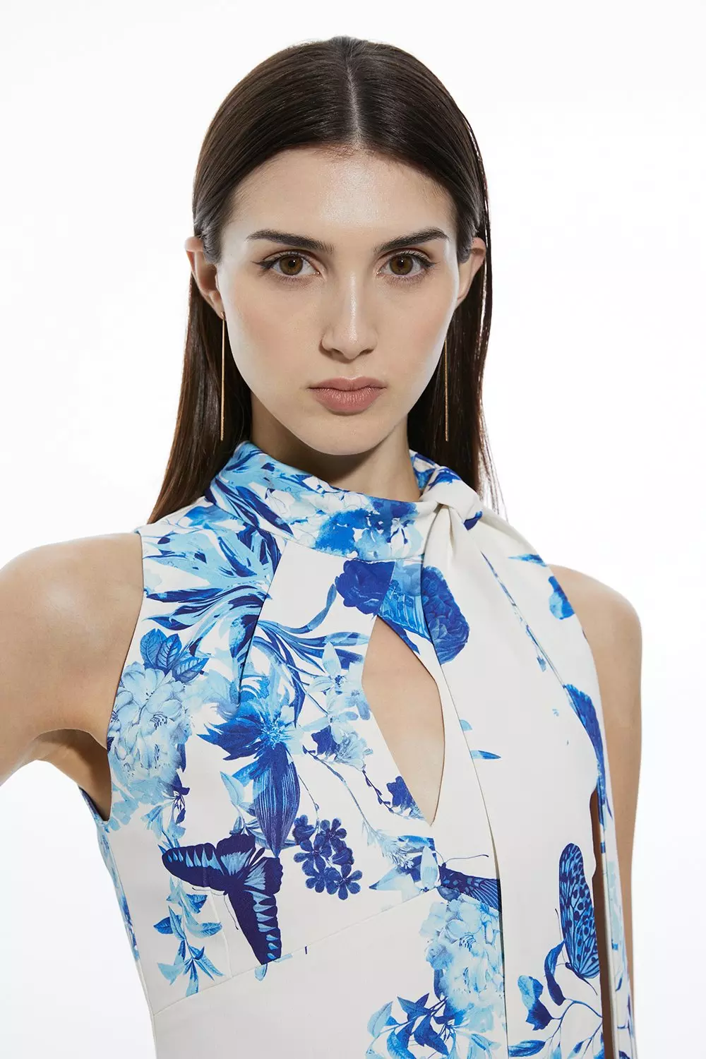 Tailored Crepe Butterfly Floral Neck Tie Midi Pencil Dress