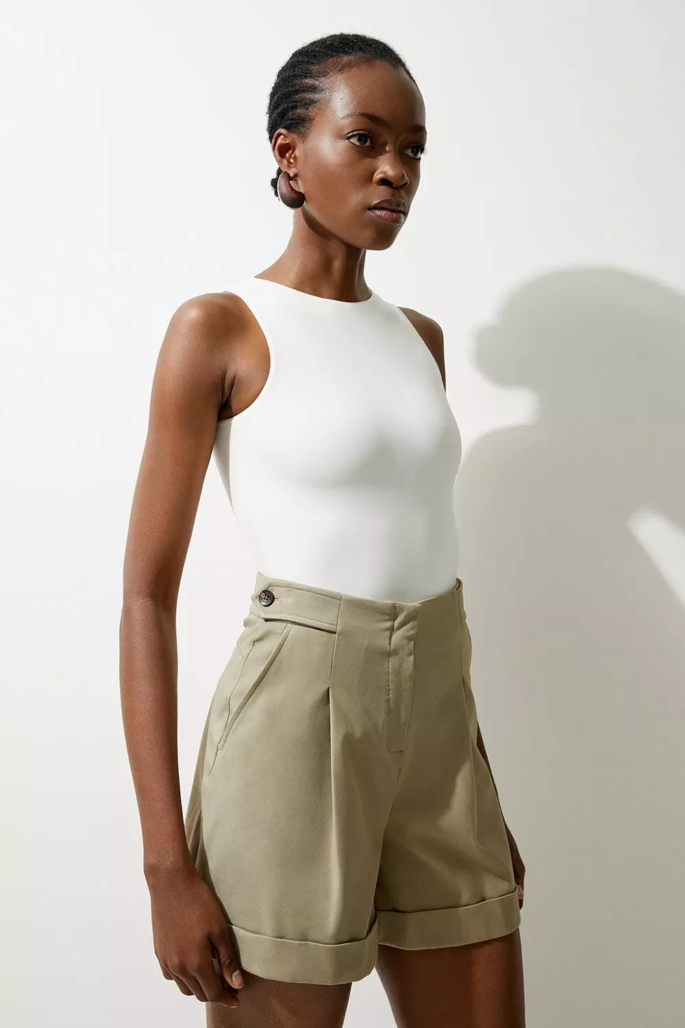 Viscose Stretch Cotton Waist Tab Detail Tailored Shorts alternative image