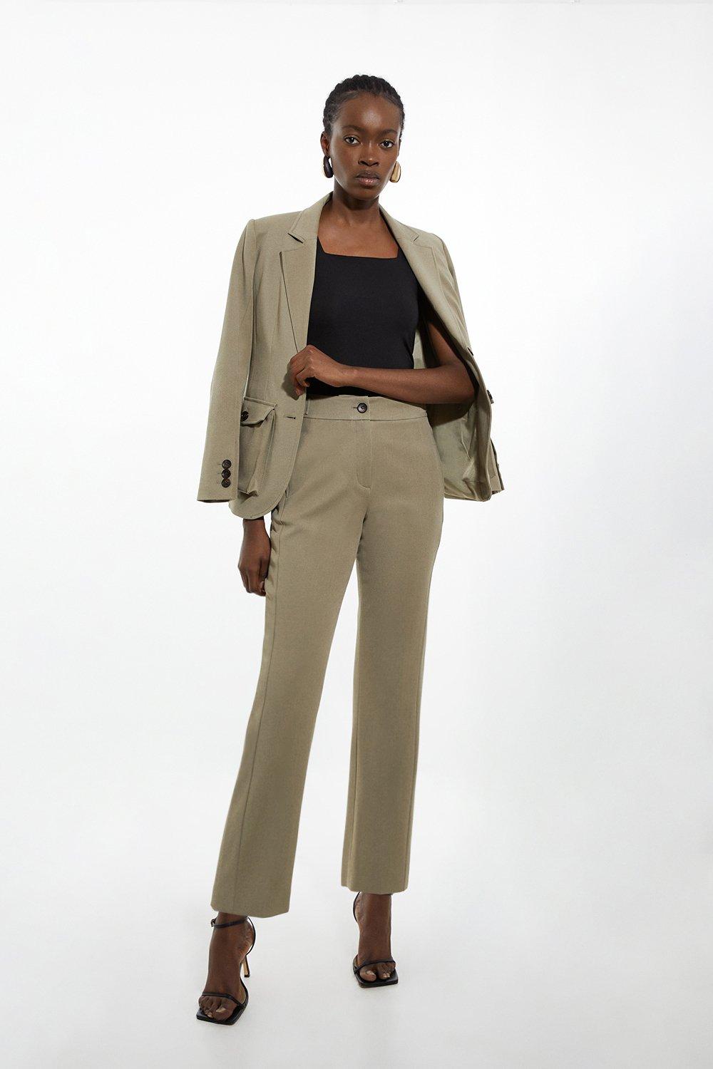 Khaki Viscose Cotton Stretch Tab Detail Slim Leg Dress Pants