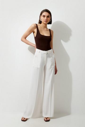 Soft Tailored Belted Wide Leg Trousers ivory
