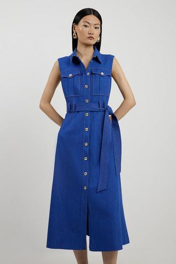 Tailored Denim Pocket Belted Full Skirt Midi Shirt Dress mid blue